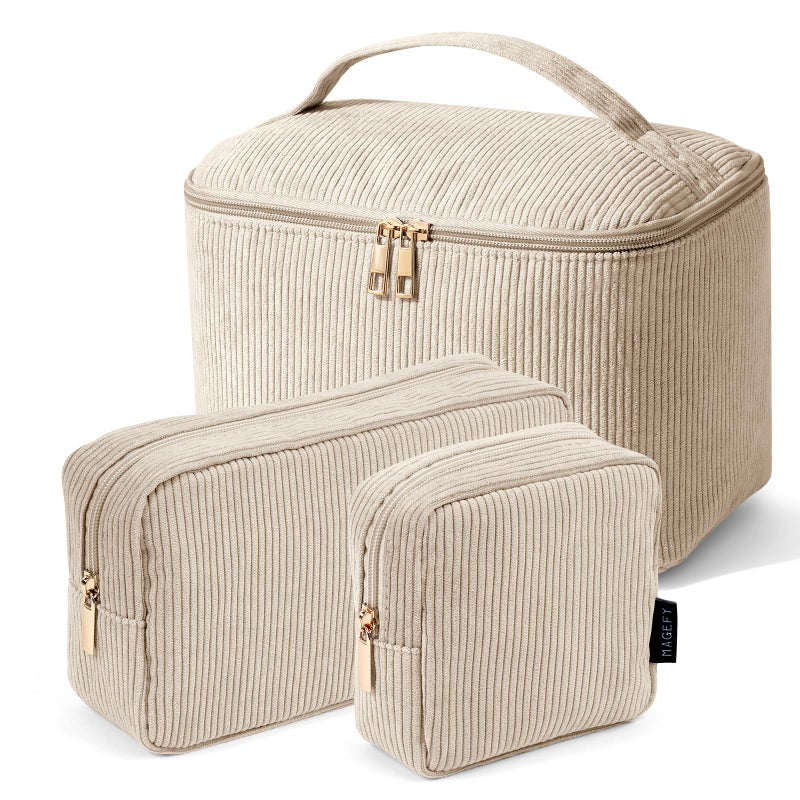 MAGEFY Makeup Bag, 3 Pcs Cosmetics Bag Large Capacity with Handle Make Up Bag for purse Corduroy Bag Pouch for Purse Travel Makeup Organizer Bag-Beige - Image 1