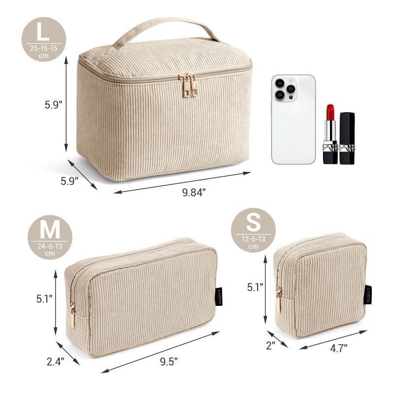 MAGEFY Makeup Bag, 3 Pcs Cosmetics Bag Large Capacity with Handle Make Up Bag for purse Corduroy Bag Pouch for Purse Travel Makeup Organizer Bag-Beige - Image 2