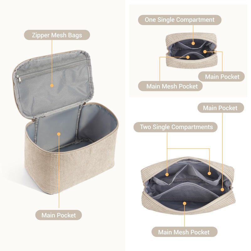 MAGEFY Makeup Bag, 3 Pcs Cosmetics Bag Large Capacity with Handle Make Up Bag for purse Corduroy Bag Pouch for Purse Travel Makeup Organizer Bag-Beige - Image 3