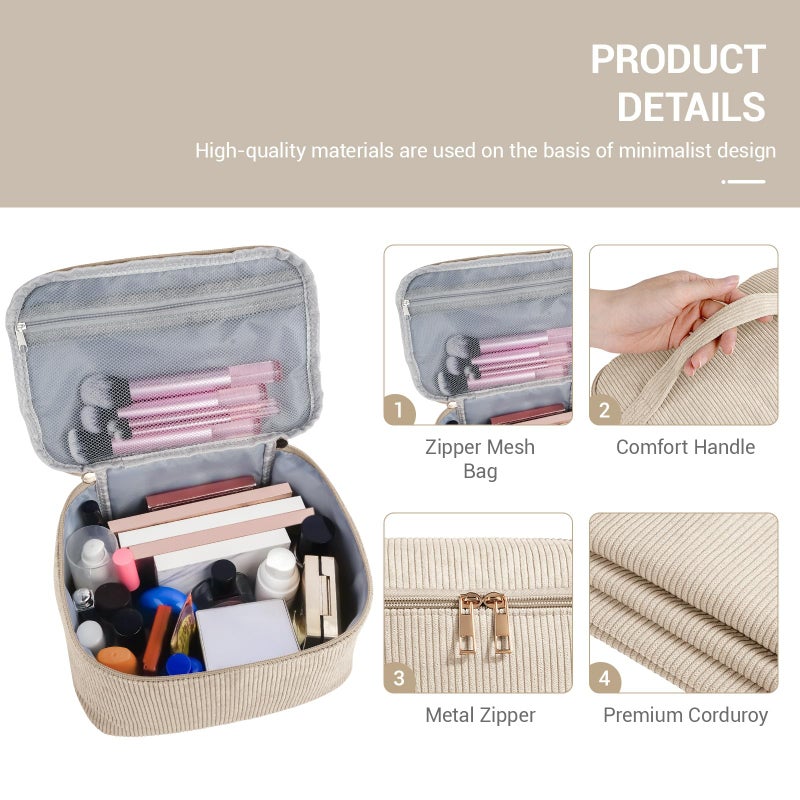 MAGEFY Makeup Bag, 3 Pcs Cosmetics Bag Large Capacity with Handle Make Up Bag for purse Corduroy Bag Pouch for Purse Travel Makeup Organizer Bag-Beige - Image 4