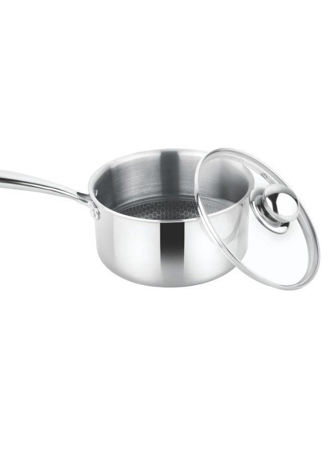 Prabha Sauce Pan with Glass Lid 1Litre | Tri-Ply Stainless Steel Sauce Pan for Tea 16cm | Gas & Induction Stove | Saucpan IB Cooking | Cookware Saucepan Nonstick Deep Saucepan with Long Handle Steel - Image 1
