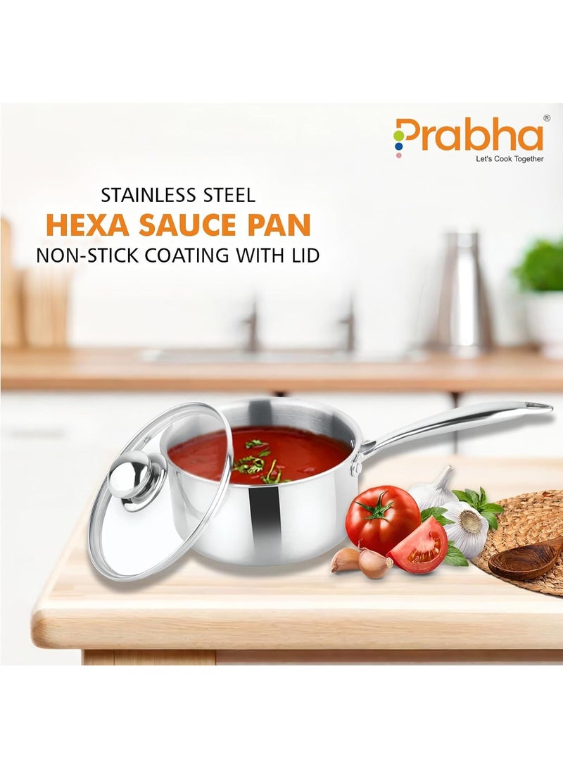 Prabha Sauce Pan with Glass Lid 1Litre | Tri-Ply Stainless Steel Sauce Pan for Tea 16cm | Gas & Induction Stove | Saucpan IB Cooking | Cookware Saucepan Nonstick Deep Saucepan with Long Handle Steel - Image 4