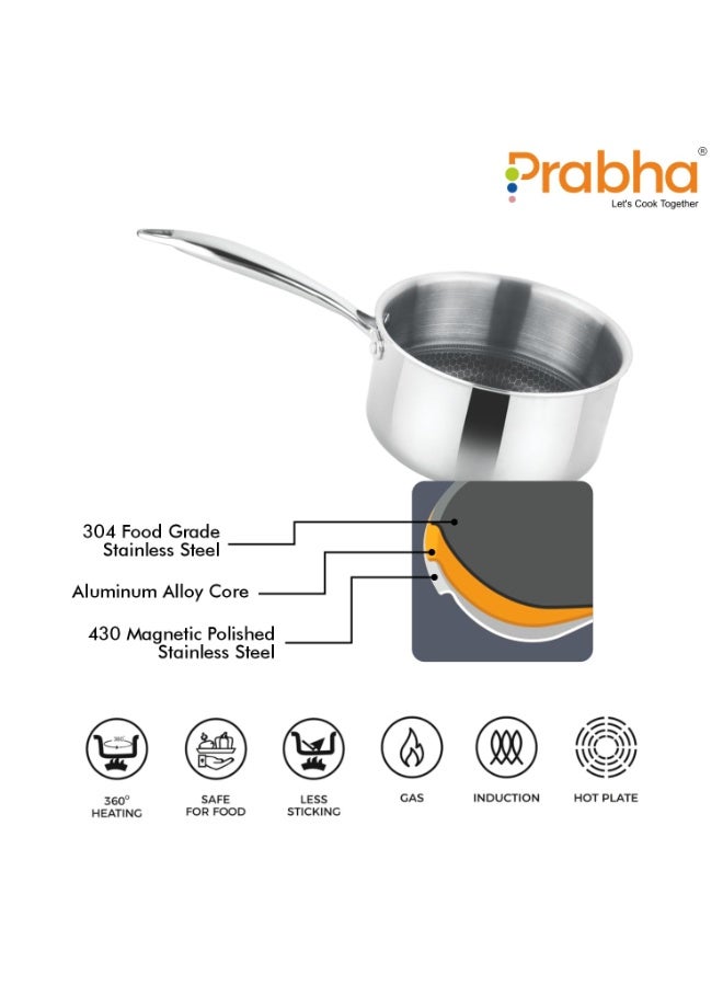 Prabha Sauce Pan with Glass Lid 1Litre | Tri-Ply Stainless Steel Sauce Pan for Tea 16cm | Gas & Induction Stove | Saucpan IB Cooking | Cookware Saucepan Nonstick Deep Saucepan with Long Handle Steel - Image 2