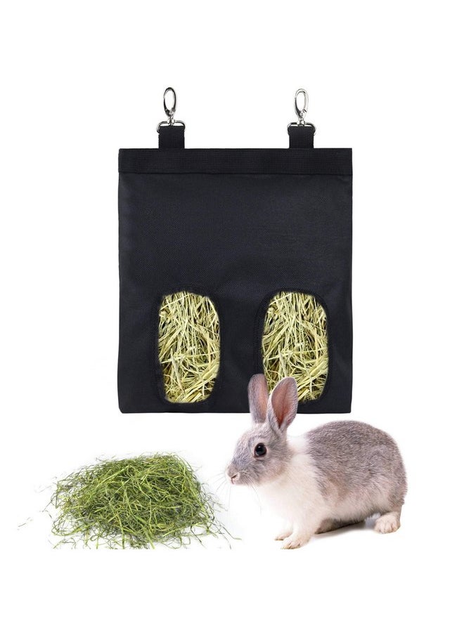 lenpestia Rabbit Hay Feeder Bag Guinea Pigs Hanging Hay Rack Manger Holder Dispenser Small Animal Feeder Storage Pouch for Bunny Chinchilla Hamster (Black, 2 Windows)  - Image 1