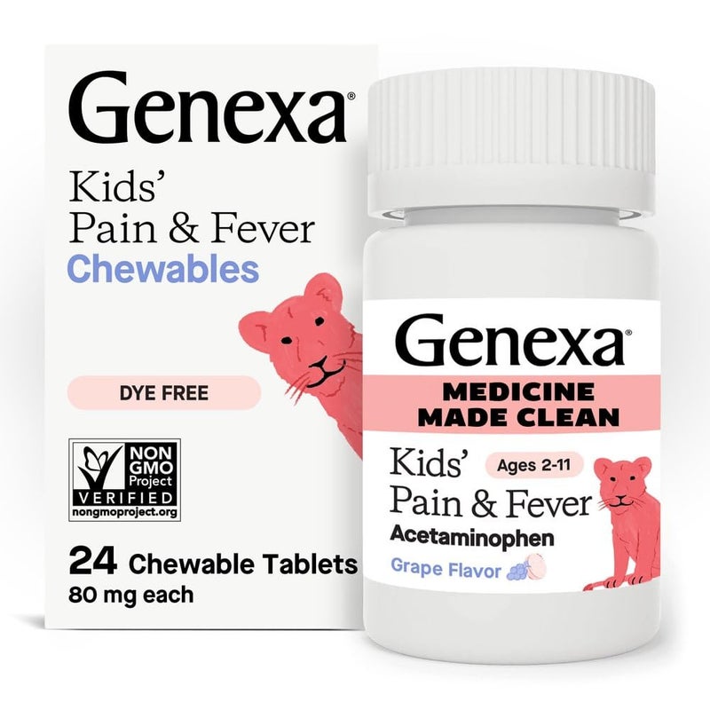 Genexa Kids Clean Pain Fever Acetaminophen Chewables Dye Free 0 Artificial Additives Delicious Grape Flavor Chewable Medicine for Children 211 80 mg per Tablet 24ct