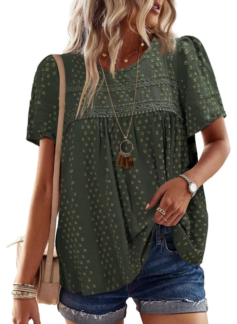 Falechay Womens Summer Tops Round Neck Hook Flower Casual Blouses for Women Dressy Casual Swiss Dot Green S - Image 1