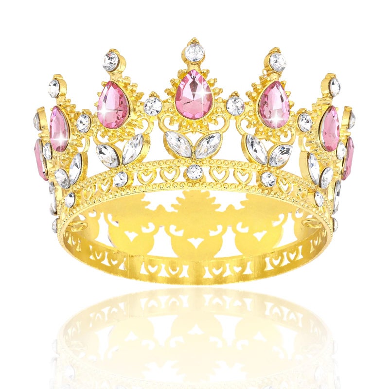 BAHABY Crown Cake Topper Happy Birthday Cake Toppers Wedding Cake Toppers Mini Crowns for Flower Bouquets Party Decorations (Gold Pink) - Image 1