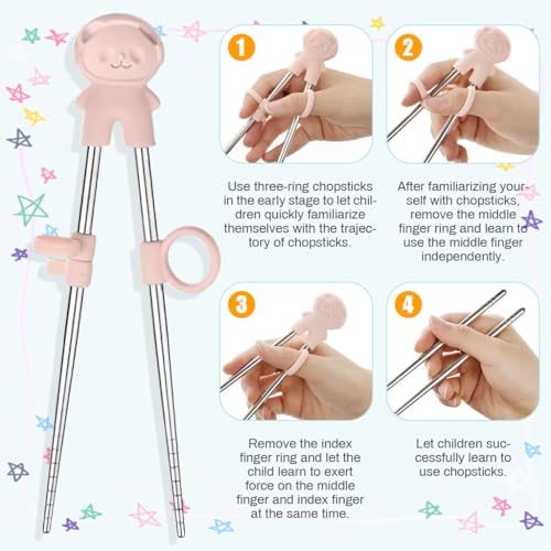 Supvox® 2 Pairs Training Chopsticks for Kids Toddlers, Food Grade, Stainless Steel Hinged Chopsticks with Ring-Assists - Image 3