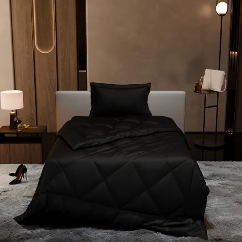 Stoa Paris 300 Tc Satin Comforter Set Single Bed with Satin Bedsheet & Pillow Covers, Complete Bedding Set, Ideal Gifts for Couples, Bedroom Home Furnishing, Date Night Collection - Midnight Black - Image 2
