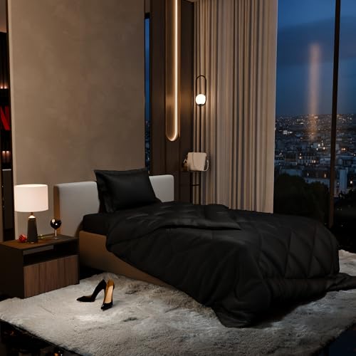 Stoa Paris 300 Tc Satin Comforter Set Single Bed with Satin Bedsheet & Pillow Covers, Complete Bedding Set, Ideal Gifts for Couples, Bedroom Home Furnishing, Date Night Collection - Midnight Black - Image 1