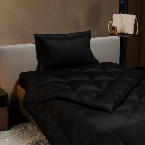 Stoa Paris 300 Tc Satin Comforter Set Single Bed with Satin Bedsheet & Pillow Covers, Complete Bedding Set, Ideal Gifts for Couples, Bedroom Home Furnishing, Date Night Collection - Midnight Black - Image 3