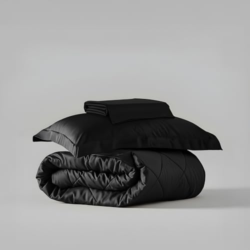 Stoa Paris 300 Tc Satin Comforter Set Single Bed with Satin Bedsheet & Pillow Covers, Complete Bedding Set, Ideal Gifts for Couples, Bedroom Home Furnishing, Date Night Collection - Midnight Black - Image 5