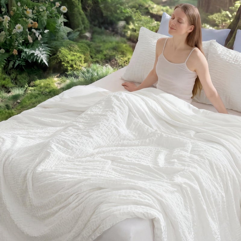 Bedsure SleepEase Cooling Comforter Queen Size, 3-Piece Seersucker Bedding Set with 2 Pillowcases, White