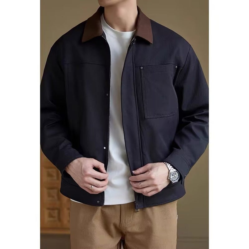 Vintage Business Casual Jacket with Contrast Lapel, Workwear Style Autumn Outerwear for Men - Image 2