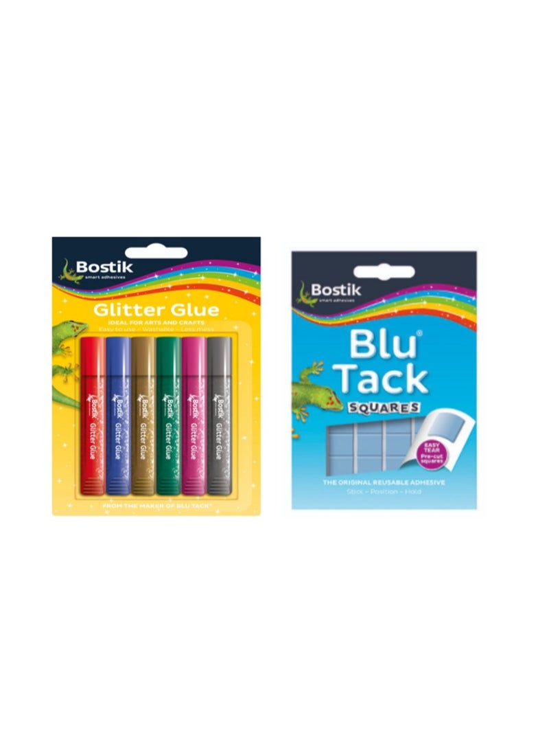 Bostik Bostik Glitter Glue 6 Pens + Blu Tack Square Blue Pack of 2 Back to School Bundle Offer  - Image 1