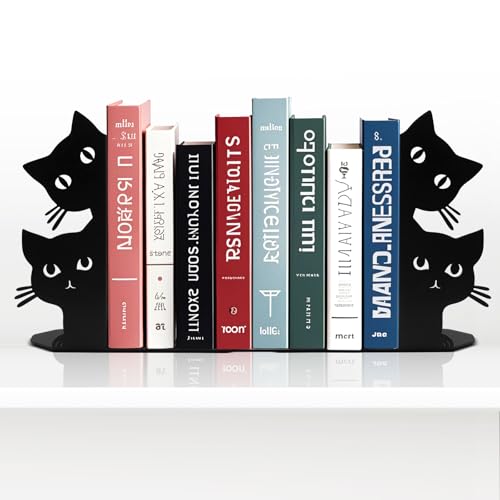 ENCIMART Peeping Cat Bookends for Shelves Decorative Metal Book Ends for Heavy Books Book Stopper for Office Home Cute Desk Bookshelf Decor Cat Lover Gifts for Women Black - Image 1