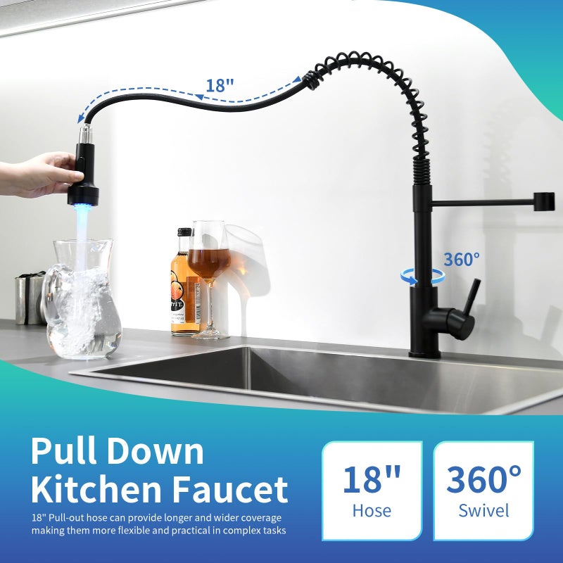 GIMILI Black Kitchen Faucet with Pull Down Sprayer Single Hole Stainless Steel LED Faucet, Suitable for Farmhouses, RV, Laundry Room, Outdoor, and Campers. Llave para fregadero de cocina - Image 5