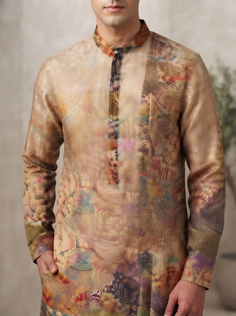 Viny VINY Multicolour 2-Piece Camel Base Digital Print Kurta Churidar Set – Men's Indian Ethnic Wear