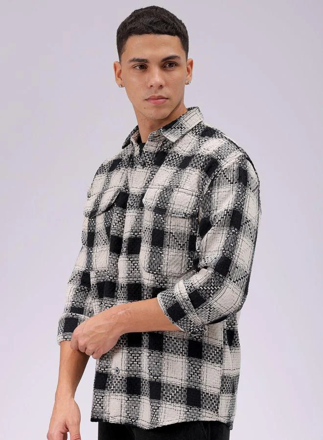 شركة المرآب الهندية Men Relaxed Fit Checkered Full Sleeves Cutaway Collar Double Flap Pocket Resort Wear Shirt