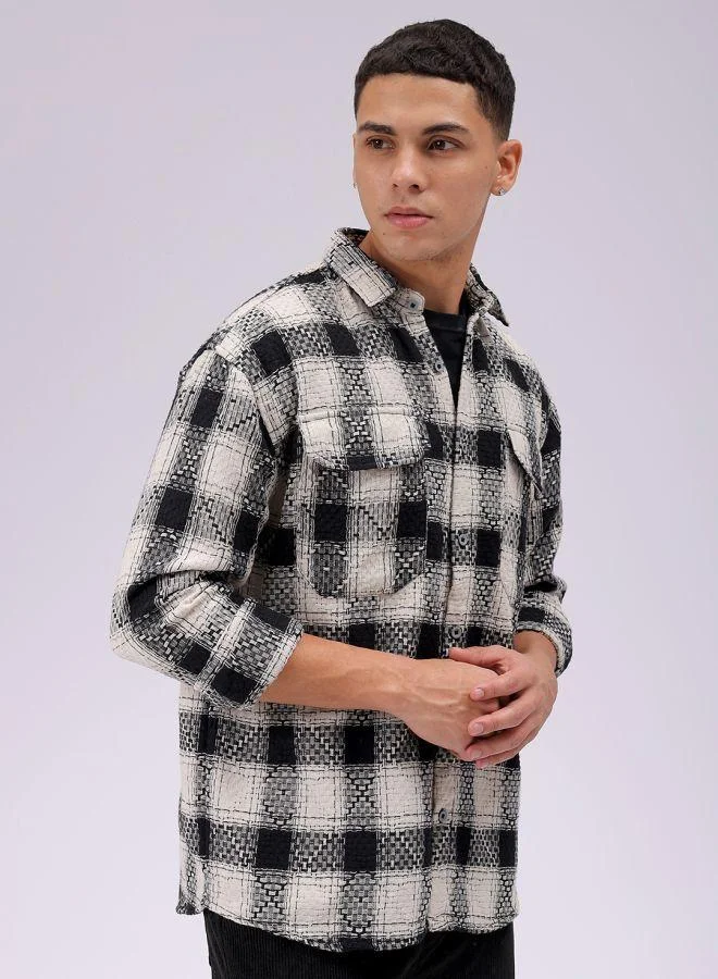 شركة المرآب الهندية Men Relaxed Fit Checkered Full Sleeves Cutaway Collar Double Flap Pocket Resort Wear Shirt