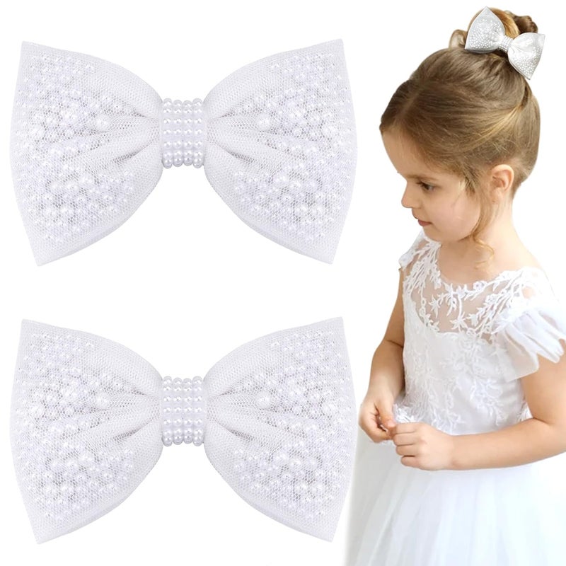 TOKUFAGU 2Pcs Pearl Hair Bows for Girls White Pearl Hair Bow Clips Wedding Hair Accessories for Baby Infants Toddlers Kids