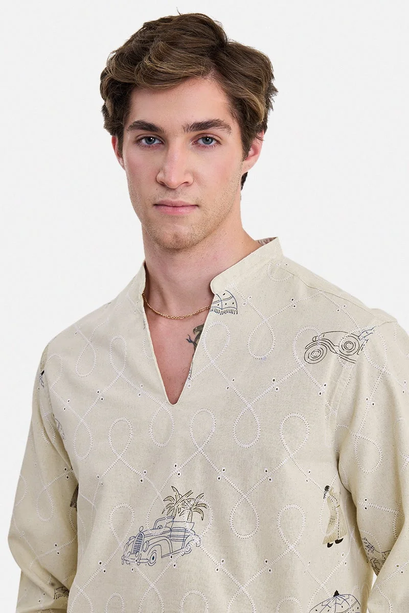 SNITCH Cream Embroidered Long Sleeve Regular Fit Party Shirt