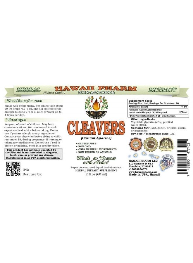 HawaiiPharm Cleavers Alcohol-Free Liquid Extract, Organic Cleavers (Galium aparine) Above-Ground Parts, Organic Dried Glycerite Natural Herbal Supplement 2 oz - Image 2