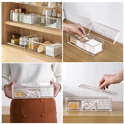 Dycica Clear Cotton Ball and Swab Holder 3 Divided Compartments with Lid, , Waterproof Bathroom Organizers Small Plastic Storage Containers, Vanity Makeup Organization (A) - Image 4