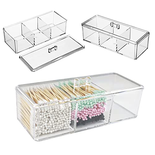 Dycica Clear Cotton Ball and Swab Holder 3 Divided Compartments with Lid, , Waterproof Bathroom Organizers Small Plastic Storage Containers, Vanity Makeup Organization (A) - Image 1