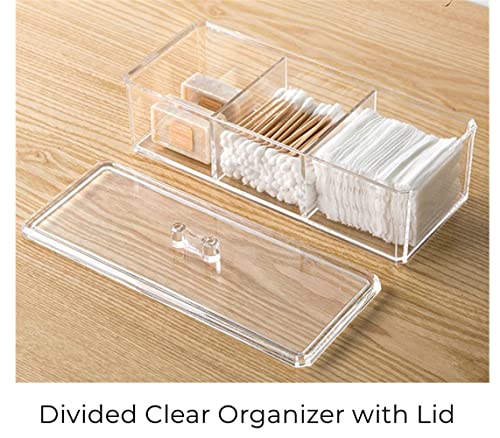 Dycica Clear Cotton Ball and Swab Holder 3 Divided Compartments with Lid, , Waterproof Bathroom Organizers Small Plastic Storage Containers, Vanity Makeup Organization (A) - Image 2