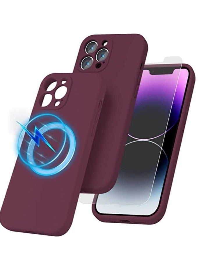 ELTRAZONE iPhone 14 Pro Case Silicone with Screen Protector - [Compatible with MagSafe] - Camera Protection - Slim Fit Protective Magnetic Phone Cover 6.5" for Women Girls - Wine Red