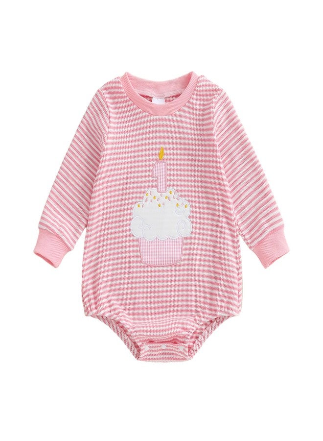 GOOCHEER Fall Baby Girl Boy First Birthday Outfit 1 Cake Long Sleeve Romper Sweatshirt One Year Old Bubble Clothes (Pink, 12-18 Months) - Image 1