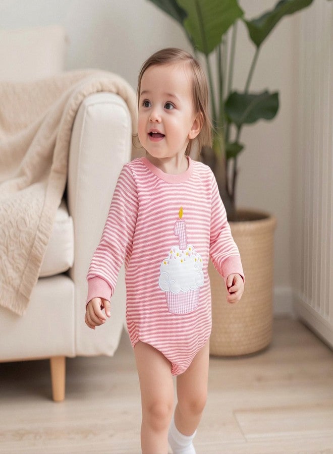 GOOCHEER Fall Baby Girl Boy First Birthday Outfit 1 Cake Long Sleeve Romper Sweatshirt One Year Old Bubble Clothes (Pink, 12-18 Months) - Image 2