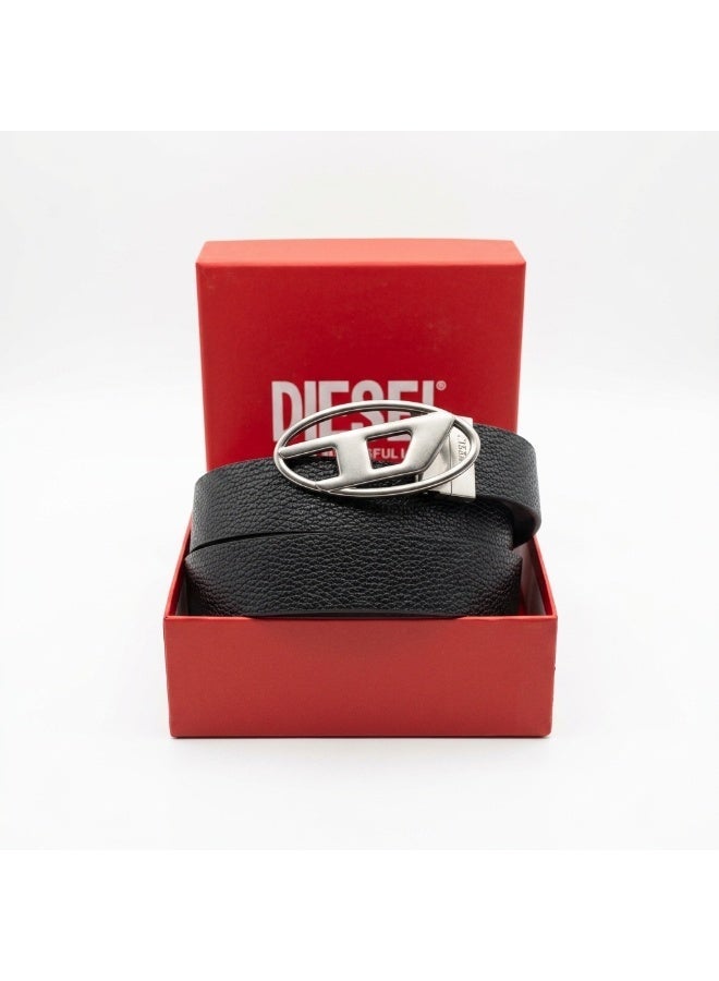 Diesel Reversible Leather Belt with Iconic Oval Buckle – Ultimate Silver / Black - Image 1