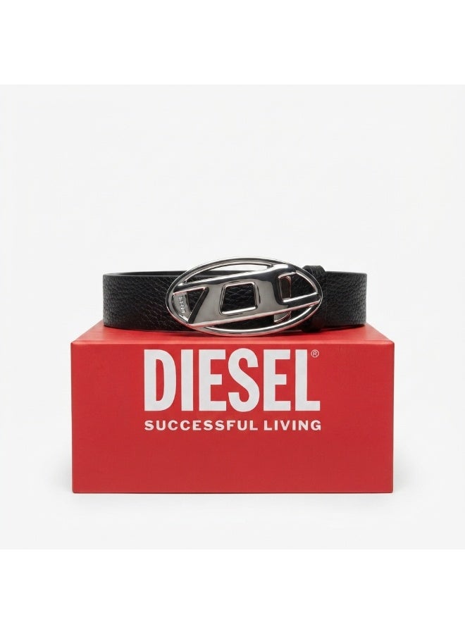 Diesel Reversible Leather Belt with Iconic Oval Buckle – Ultimate Silver / Black - Image 2