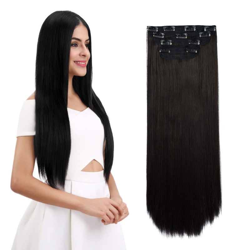 REECHO 16 Straight Short 4 PCS Set Thick Clip in on Hair Extensions Black Brown