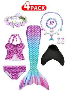 4 Pack Mermaid Tails with Mono Fin Sparkle Mermaid Swimsuit for Kids Girls Flower Headband and Mermaid Jewelry Set