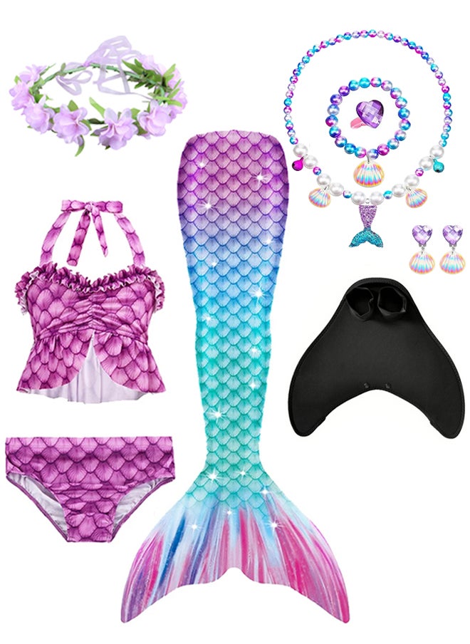 MARGOUN - 4 Pack Mermaid Tails with Mono Fin Sparkle Mermaid Swimsuit for Kids Girls Flower Headband and Mermaid Jewelry Set - Image 1