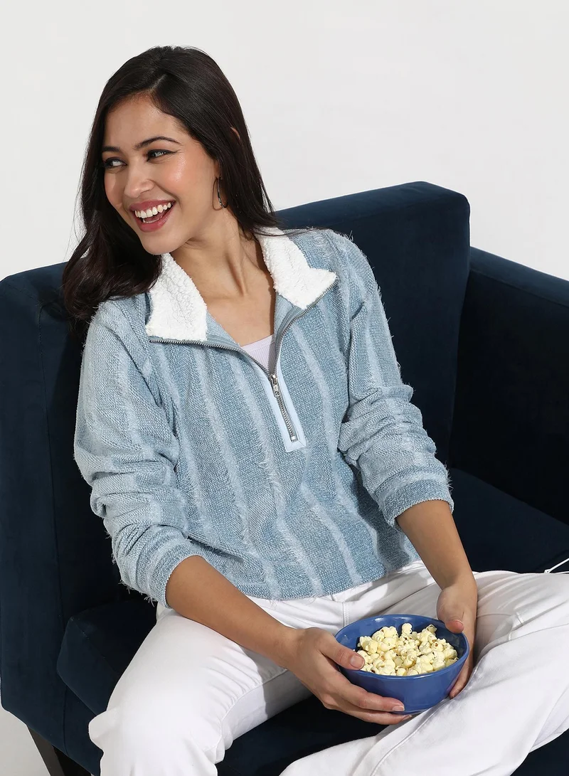 Pinacolada  Women's Iceberg Blue Textured Self-Design Striped Sweatshirt for Women | Best Price UAE