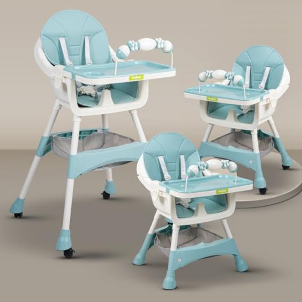 Aurora Convertible Baby High Chair for with Adjustable Height and Footrest, Baby Feeding Chair with Tray, Wheels, Safety Belt and Cushion For Toddler 6 Months to 4 Years Green