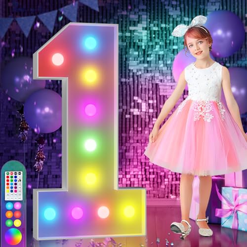 imprsv 4FT Colorful Marquee Numbers,18 Colors Number 1 with Remote, Light Up Numbers Sign for 1st Birthday Decorations Anniversary Party Decor, Pre-Cut Foam Board Kit, Mosaic Sign for Balloon - Image 1