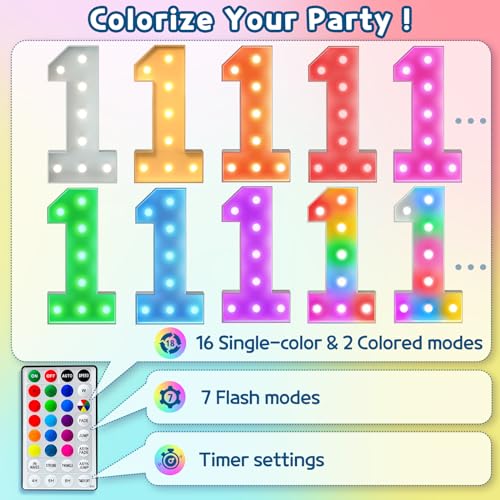 imprsv 4FT Colorful Marquee Numbers,18 Colors Number 1 with Remote, Light Up Numbers Sign for 1st Birthday Decorations Anniversary Party Decor, Pre-Cut Foam Board Kit, Mosaic Sign for Balloon - Image 2