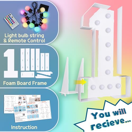 imprsv 4FT Colorful Marquee Numbers,18 Colors Number 1 with Remote, Light Up Numbers Sign for 1st Birthday Decorations Anniversary Party Decor, Pre-Cut Foam Board Kit, Mosaic Sign for Balloon - Image 5