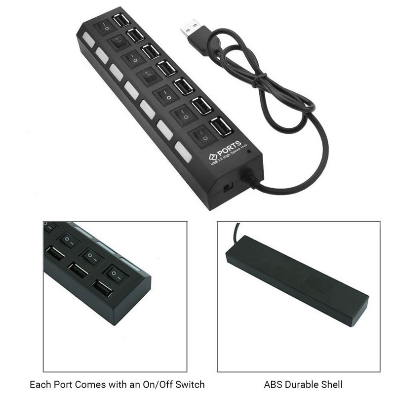 مركب USB بـ 7 منافذ مع مفاتيح تشغيل/إيقاف و سلك طويل لحواسيب محمولة و أرضية و أجهزة شحن و نقل بيانات - Image 3