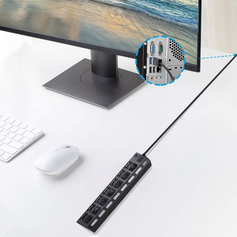 مركب USB بـ 7 منافذ مع مفاتيح تشغيل/إيقاف و سلك طويل لحواسيب محمولة و أرضية و أجهزة شحن و نقل بيانات - Image 5