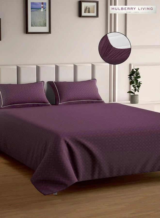 Mulberry Living 100% Cotton Queen Fitted Bedsheet With 2 Pillow Covers - 300Tc Urban Grid - Plum