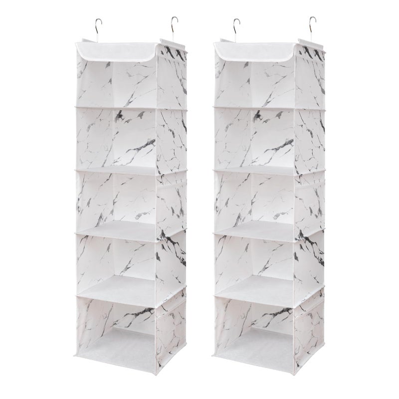 BrilliantJo 2 PCS Hanging Wardrobe Closet Storage with 5 Shelves Organiser Storage Shelves Unit with 6 Pockets for Clothes Marblizing 108H x 30W x 30L