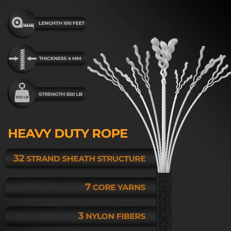HZYH 4mm Nylon Paracord Rope 100ft, Heavy Duty Type III 550 Cord, Strong Outdoor Utility Cord for Camping, Hiking, Survival, Tent, Hammock, Fishing, DIY, Black - Image 2