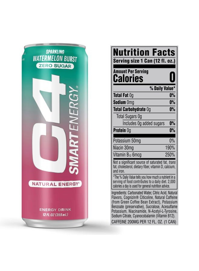 C4 Cellucor C4 Smart Energy Drink – Boost Focus and Energy with Zero Sugar, Natural Energy, and Nootropics - 200mg Caffeine - Watermelon Burst - 12 FL OZ (355 ml) - Pack of 12 - Image 3