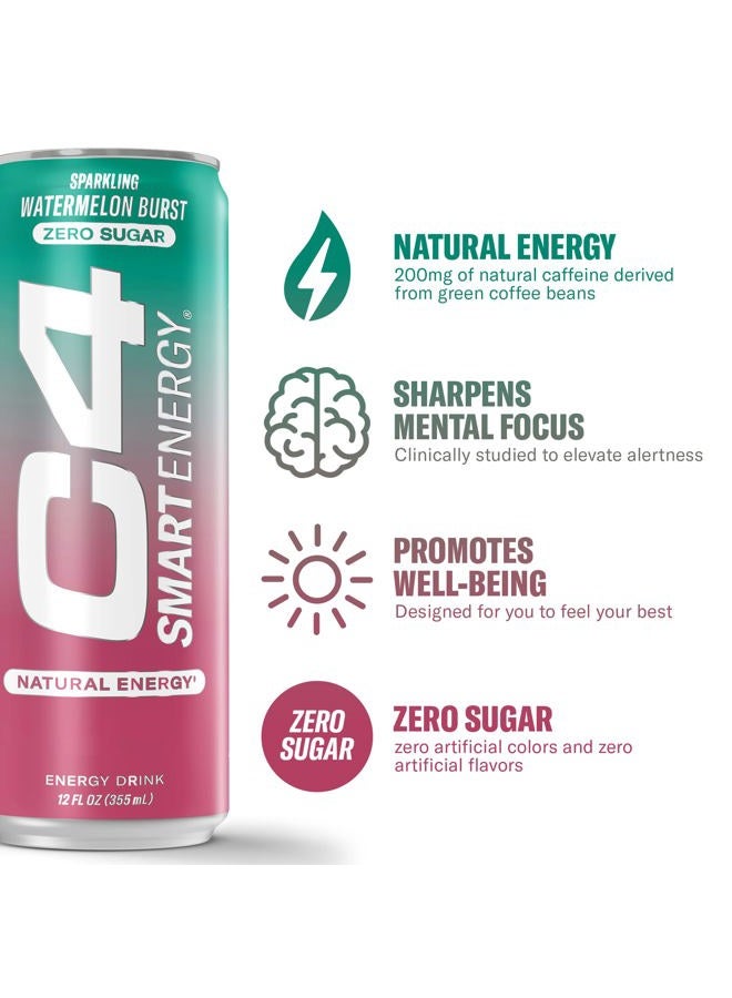 C4 Cellucor C4 Smart Energy Drink – Boost Focus and Energy with Zero Sugar, Natural Energy, and Nootropics - 200mg Caffeine - Watermelon Burst - 12 FL OZ (355 ml) - Pack of 12 - Image 2